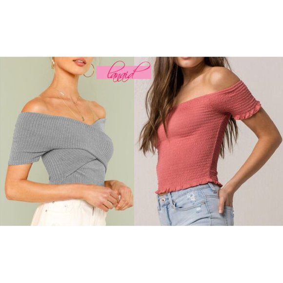 BUNDLE Off-The-Shoulder Tops Grey Wrap Terracotta Pink Coral Smocked Blouse XS - Picture 1 of 13